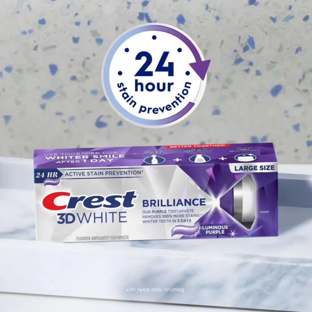 Crest 3D White Brilliance Luminous Purple Teeth Whitening Toothpaste, 4.6 Oz Pack of 3, Anticavity Fluoride Toothpaste, 100% More Surface Stain Removal, 24 Hour Active Stain Prevention