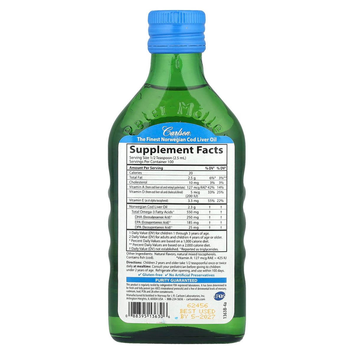 Carlson Kid's Wild Norwegian Cod Liver Oil + Vitamins A & D3, Bubble Gum, 250 ml (8.5 fl oz) — alternate product view