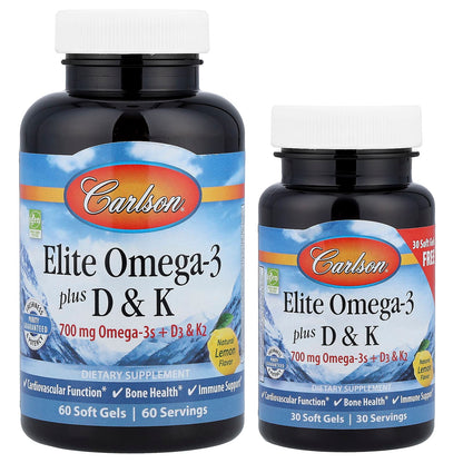 Carlson Elite Omega-3 Plus D & K, Natural Lemon, 90 Soft Gels