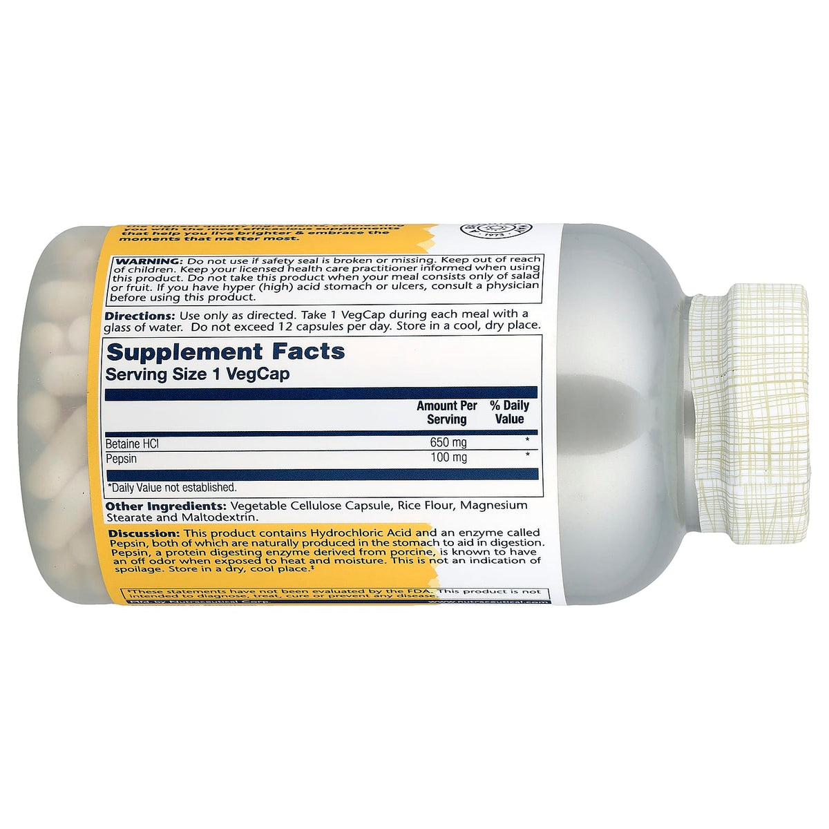 Solaray High Potency Betaine HCl with Pepsin, 250 VegCaps — alternate product view