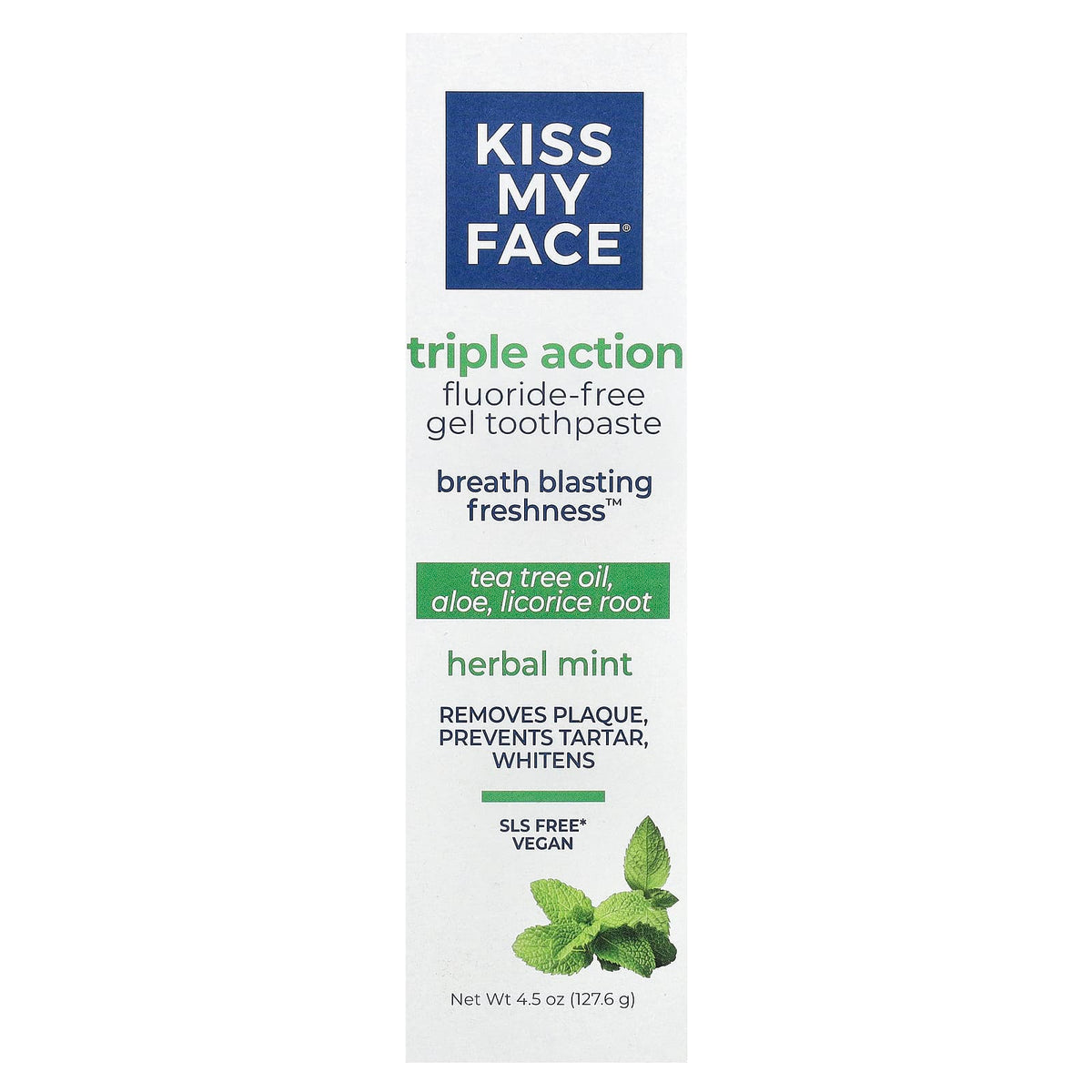 Kiss My Face Triple Action Fluoride-Free Gel Toothpaste, Herbal Mint, 127.6 g - view 2