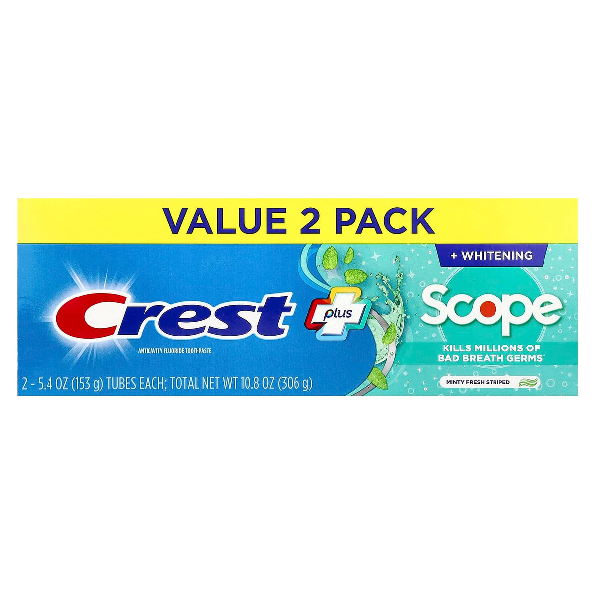 Crest + Scope Anticavity Fluoride Toothpaste, Minty Fresh Striped, Pack of 2 - view 2