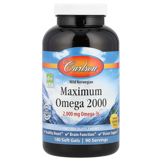 Carlson Wild Norwegian Maximum Omega 2000 Natural Lemon, 180 Soft Gels