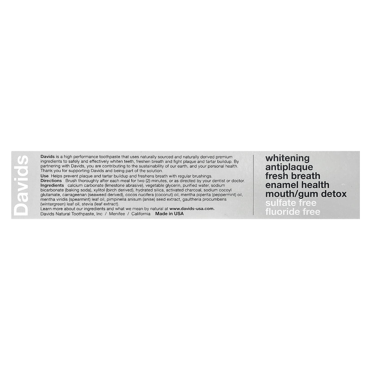 Davids Whitening + Antiplaque Toothpaste, Natural Mint + Charcoal, 149 g - view 3