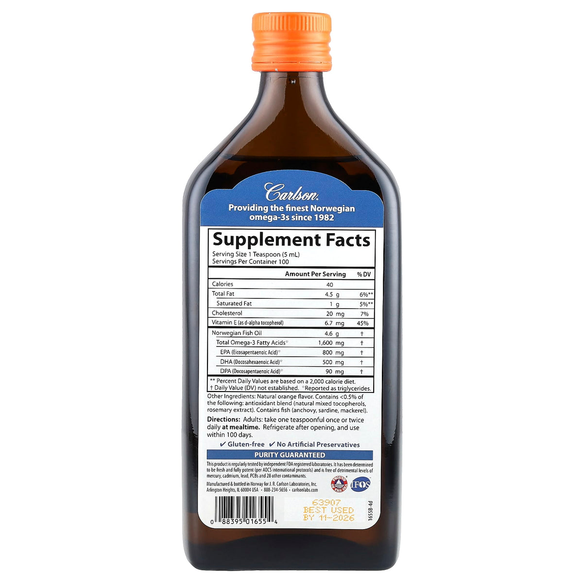 Carlson Norwegian The Very Finest Fish Oil, Natural Orange, 500 ml (16.9 fl oz) - view 2