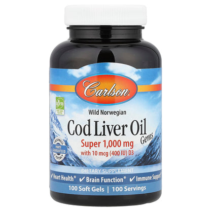 Carlson Wild Norwegian Cod Liver Oil Gems 1,000 mg, 100 Soft Gels