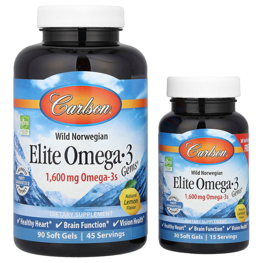 Carlson Wild Norwegian Elite Omega-3 Gems, Natural Lemon, 120 Softgels