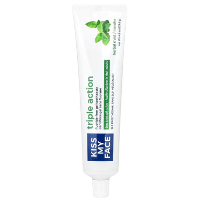 Kiss My Face Triple Action Fluoride-Free Gel Toothpaste, Herbal Mint, 127.6 g
