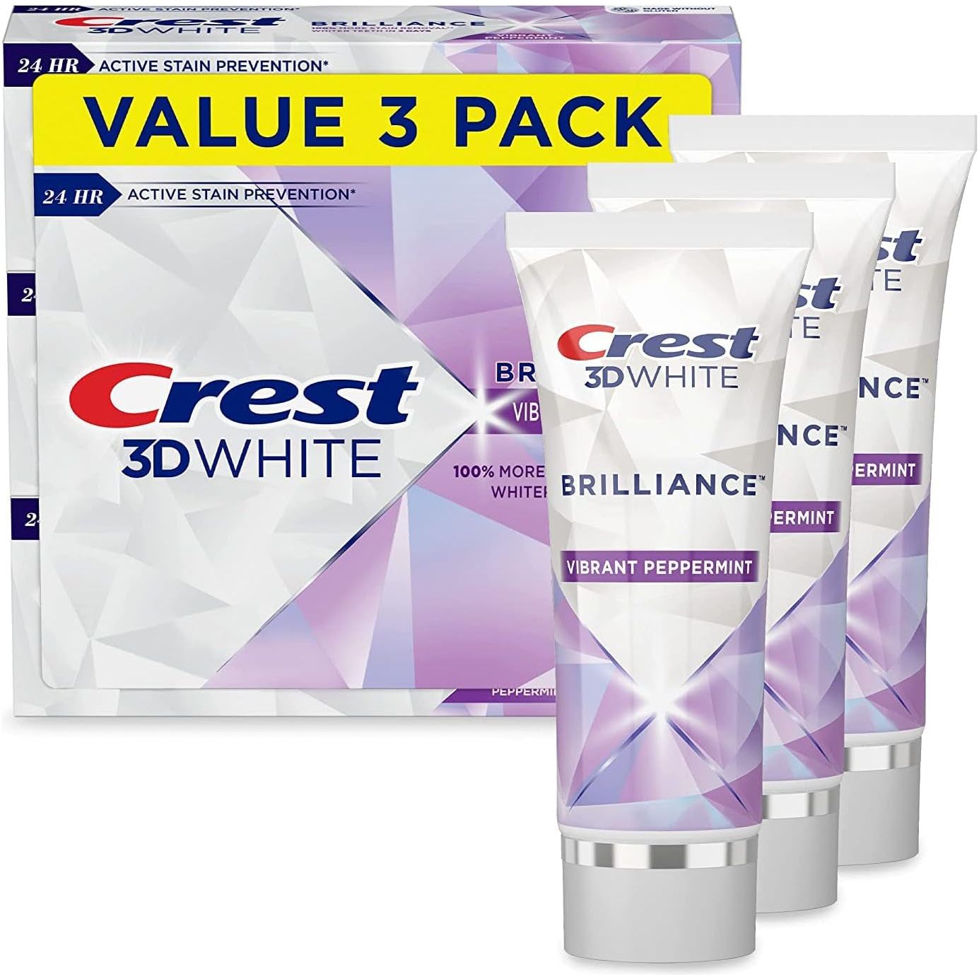 Crest Toothpaste 3D White Brilliance Vibrant Peppermint, 4.1Oz (Pack of 3)