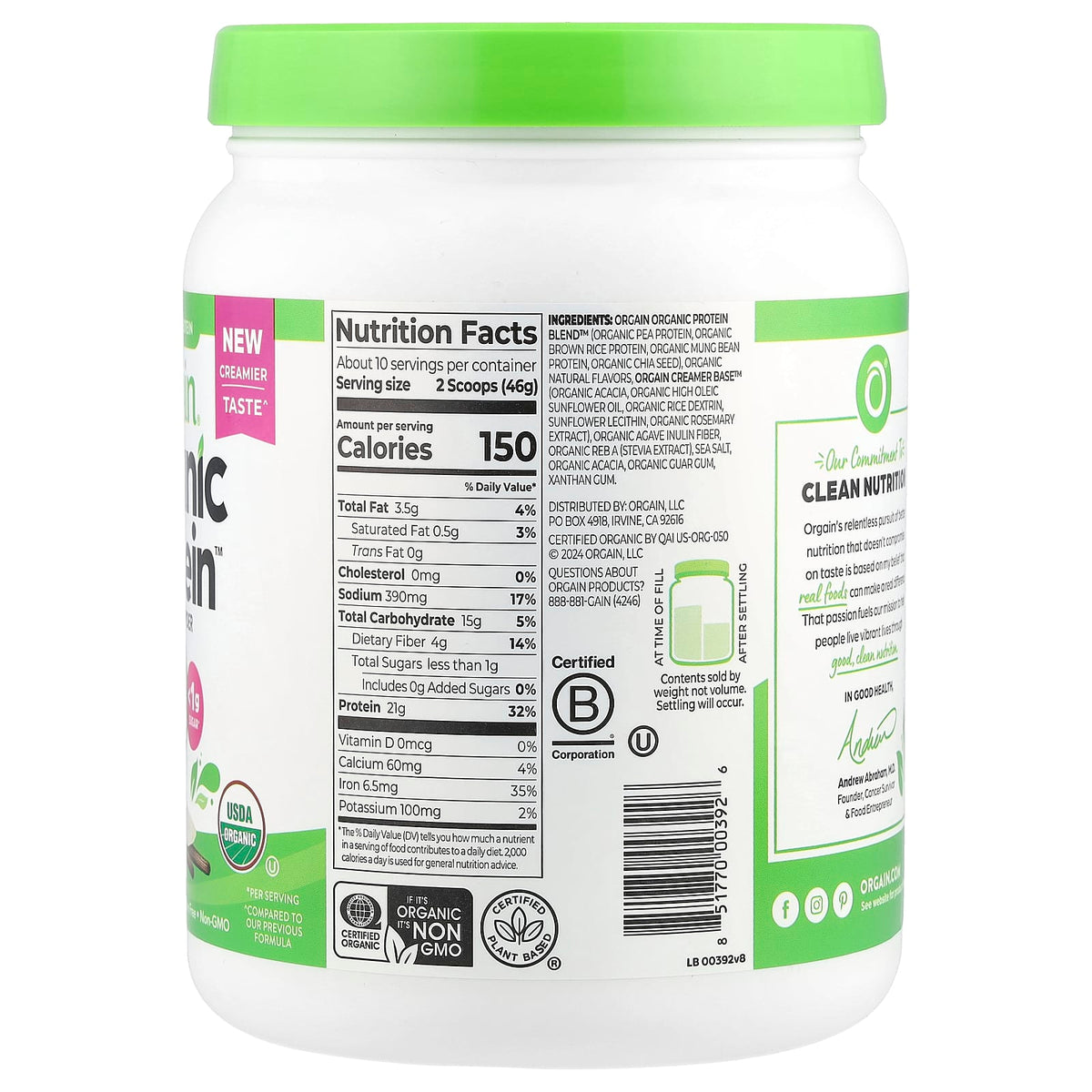 Orgain Organic Protein Powder Plant Based Vanilla Bean 462 g (1.02 lb) — alternate product view