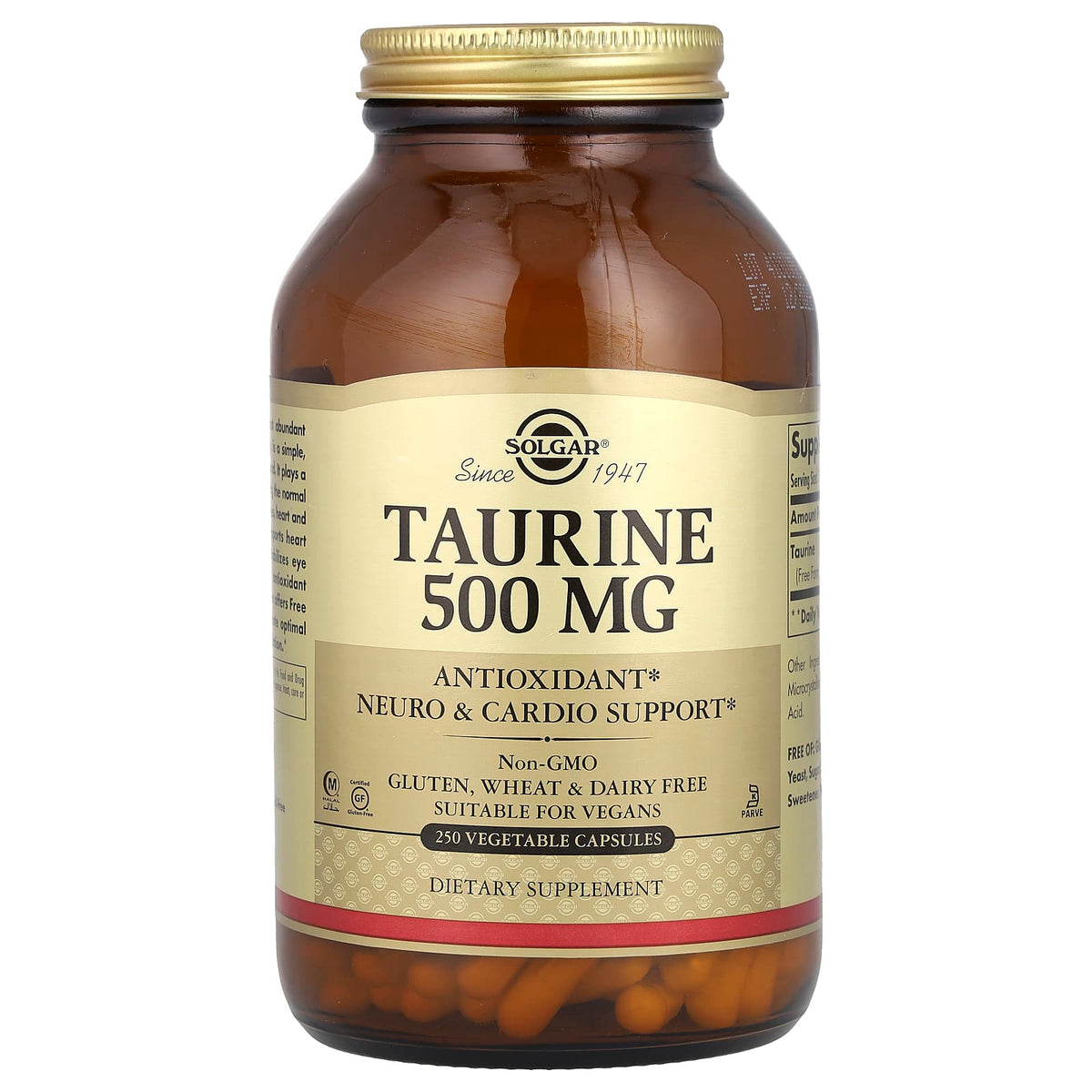 Solgar Taurine, 500 mg, 250 Vegetable Capsules — product view