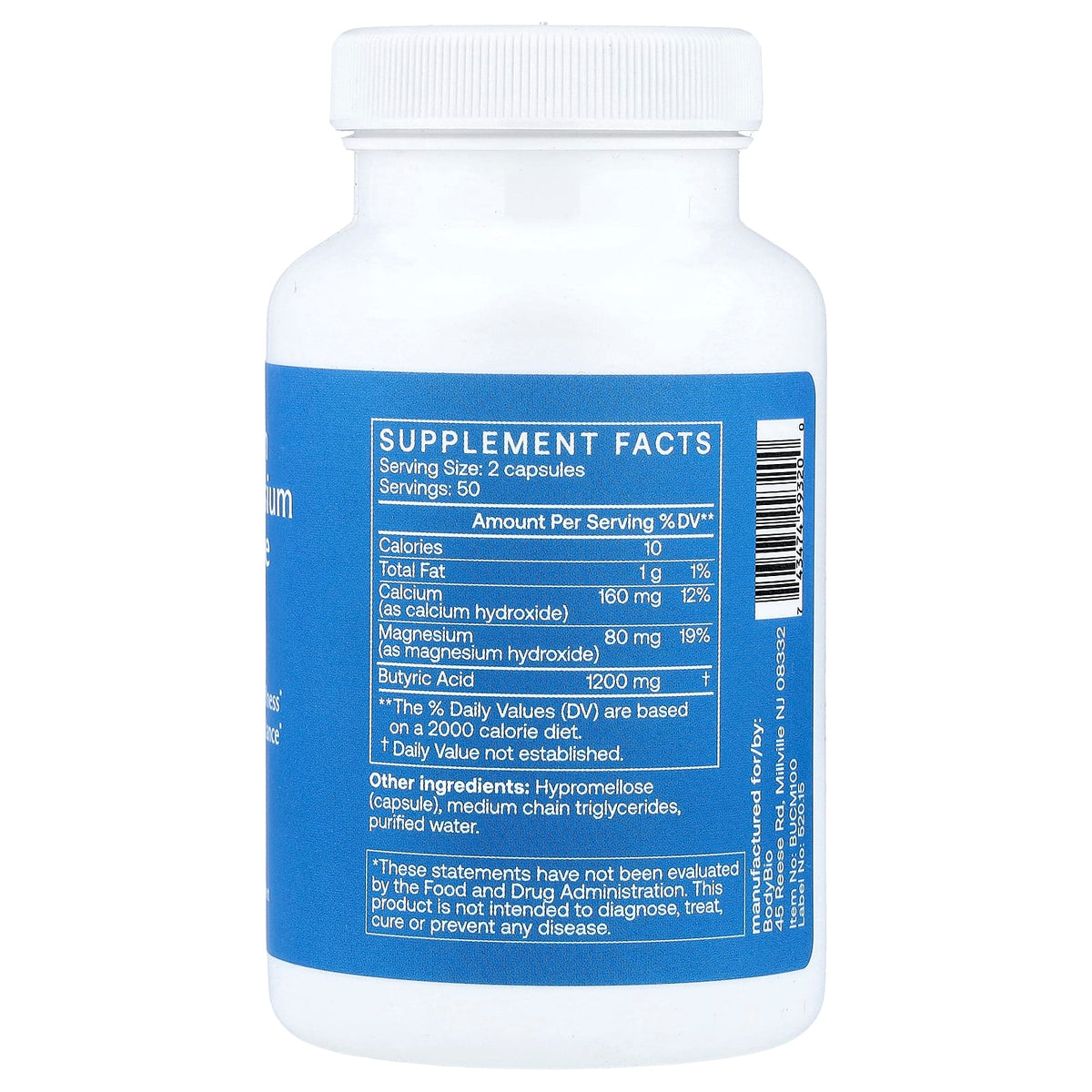 BodyBio Calcium Magnesium Butyrate, 100 Capsules - view 2