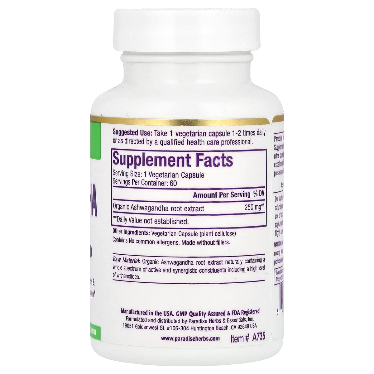 Paradise Herbs Ashwagandha Extract, 60 Vegetarian Capsules (250 mg Each) — alternate product view