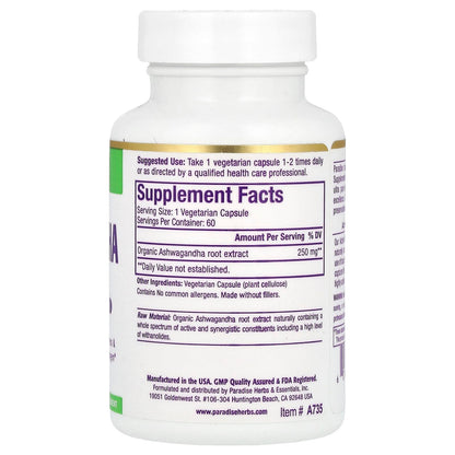 Paradise Herbs Ashwagandha Extract, 60 Vegetarian Capsules (250 mg Each) - view 2