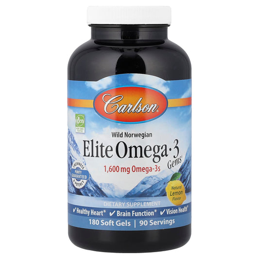 Carlson Wild Norwegian Elite Omega-3 Gems, Natural Lemon, 180 Softgels