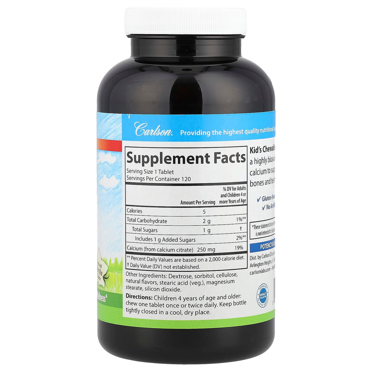Carlson Kid's Chewable Calcium, Natural Vanilla, 250 mg, 120 Tablets — alternate product view