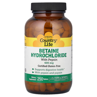 Country Life Betaine Hydrochloride with Pepsin, 250 Tablets