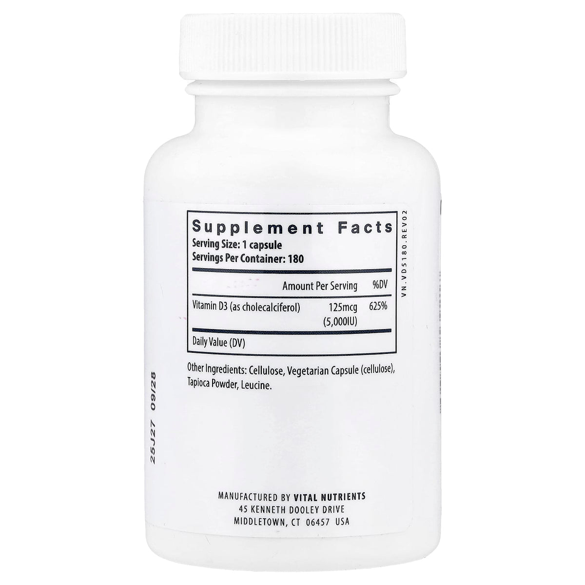 Vital Nutrients Vitamin D3 125 mcg (5,000 IU) 180 Capsules — alternate product view