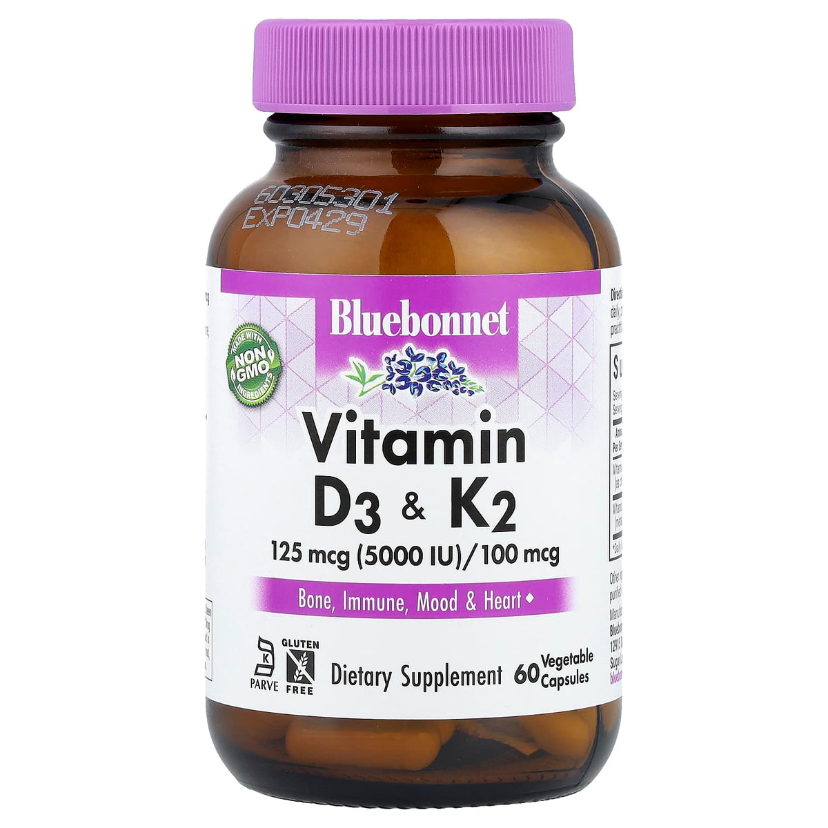 Bluebonnet Vitamin D3 & K2, 60 Vegetable Capsules — product view