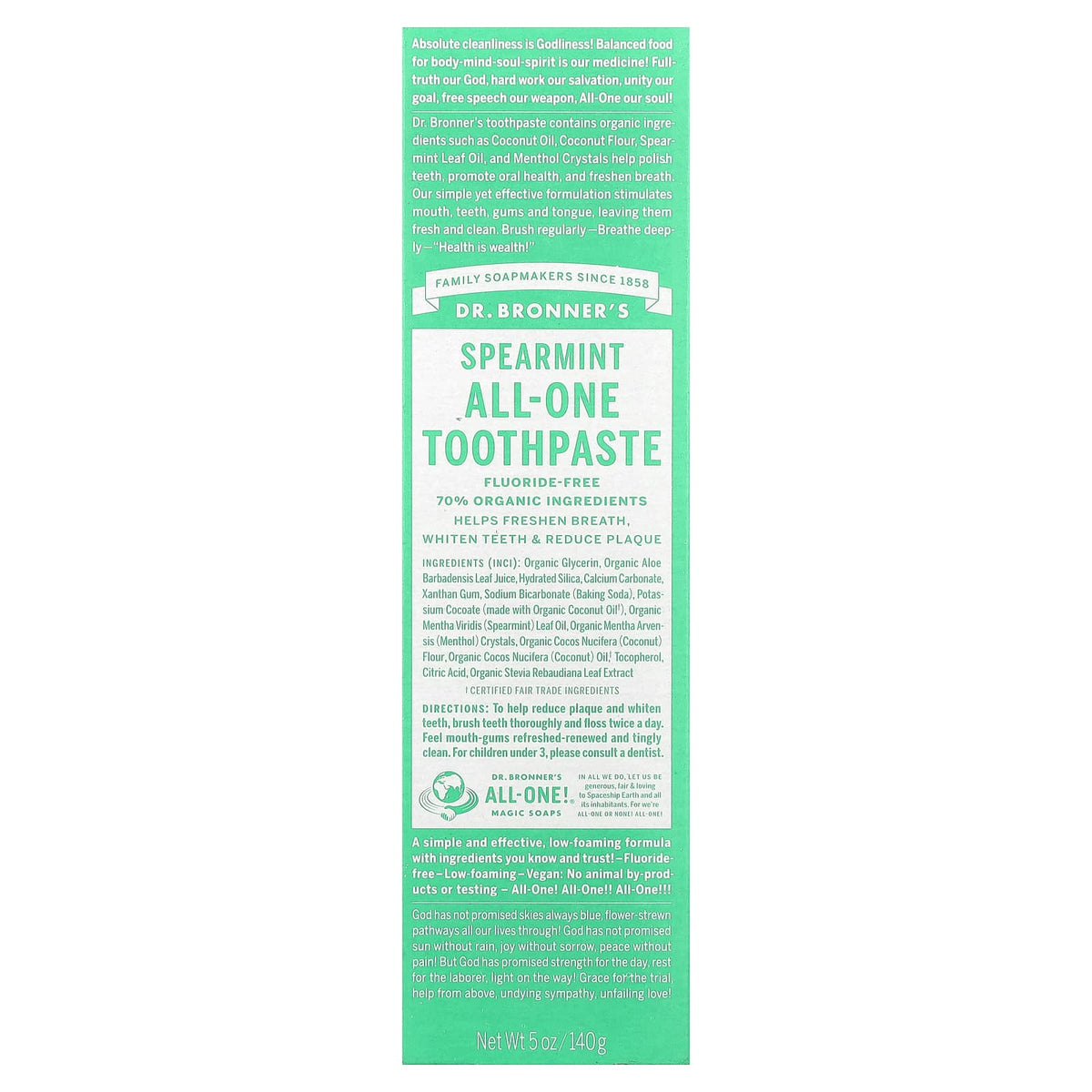 Dr. Bronner's All-One Toothpaste, Spearmint, 140 g — alternate product view