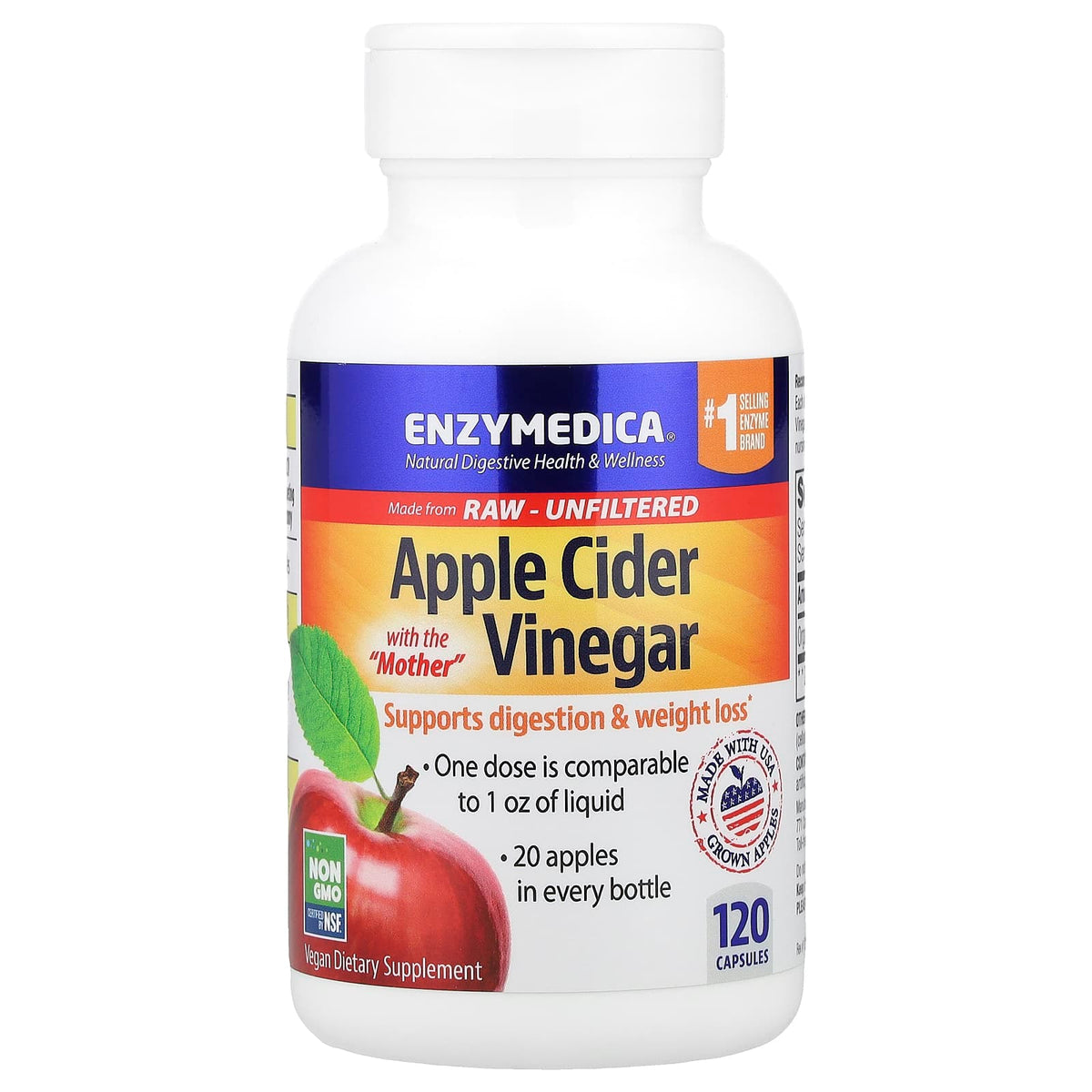 Enzymedica Apple Cider Vinegar with the Mother, 120 Capsules (355 mg Each) - view 3