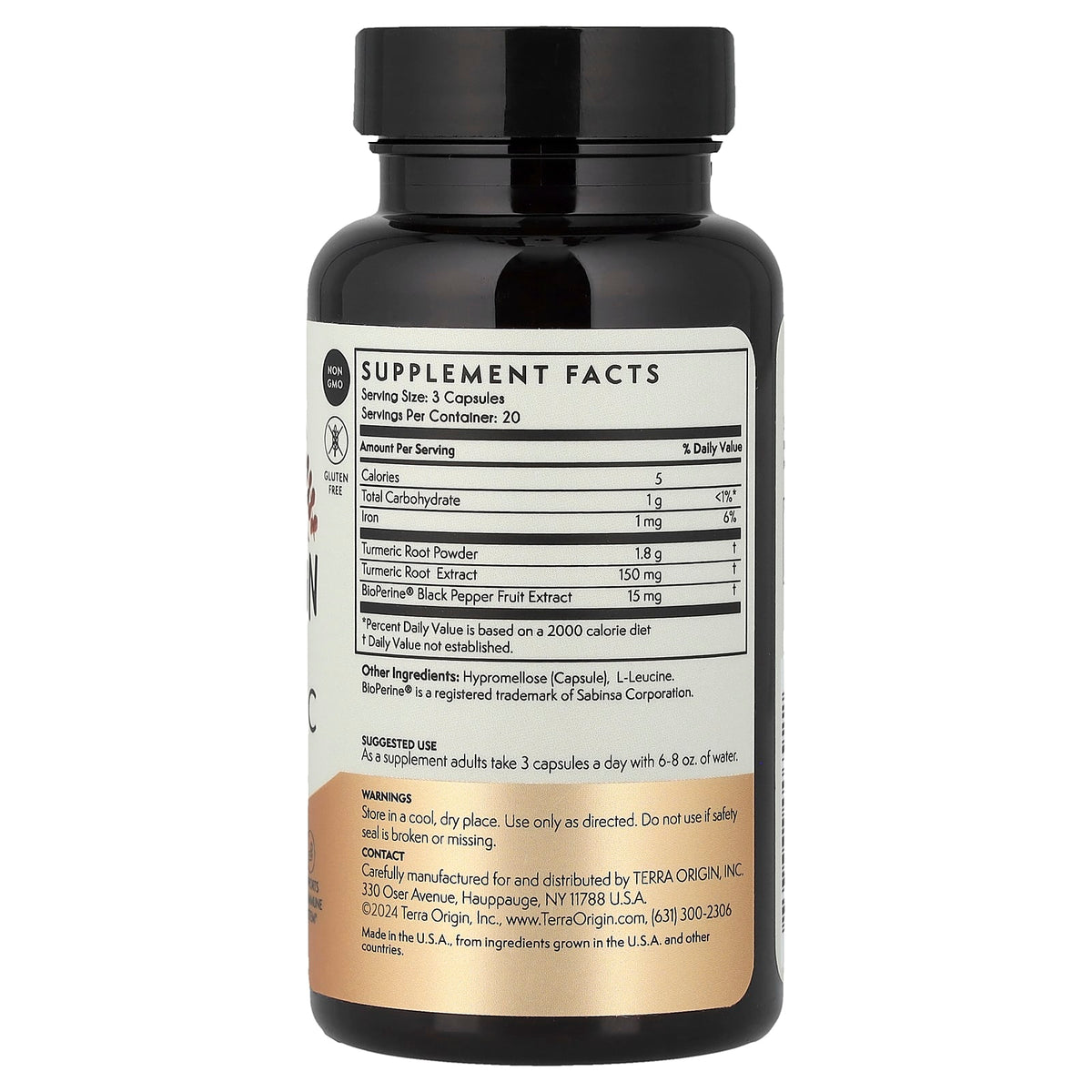 Terra Origin Turmeric with BioPerine, 60 Vegetable Capsules — alternate product view