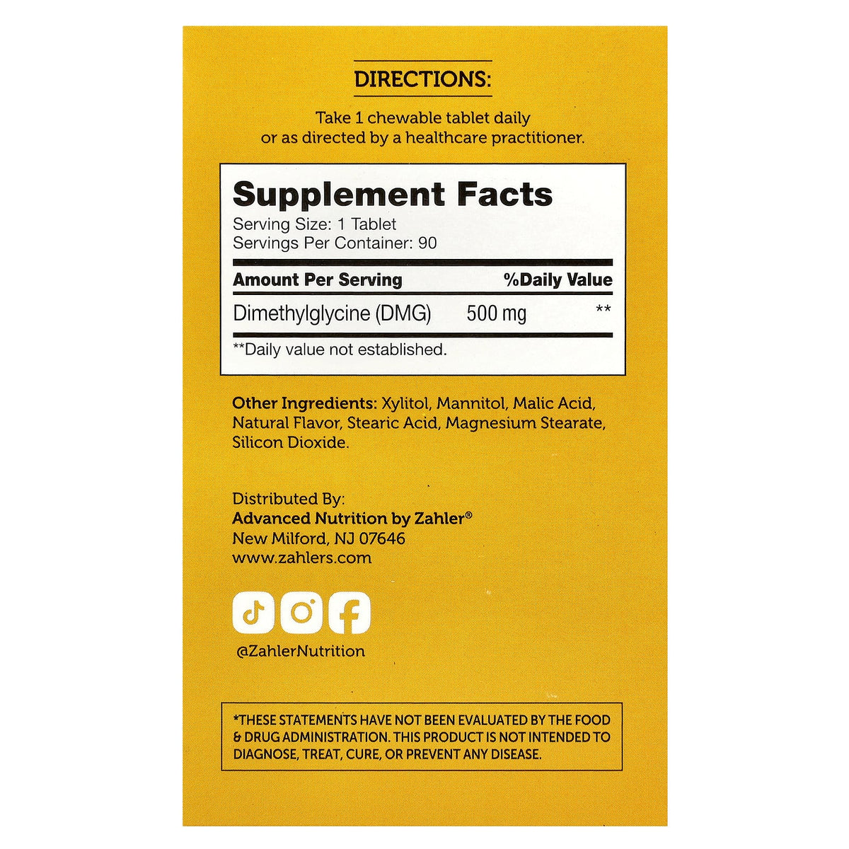 Zahler Advanced DMG Dimethylglycine 500 mg 90 Chewable Tablets - view 2