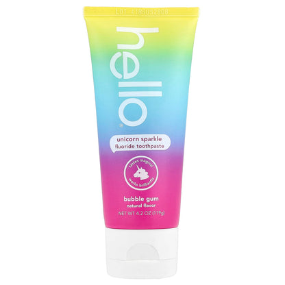 Hello Kids Fluoride Toothpaste, Unicorn Sparkle, Ages 2+, Bubble Gum, 119 g
