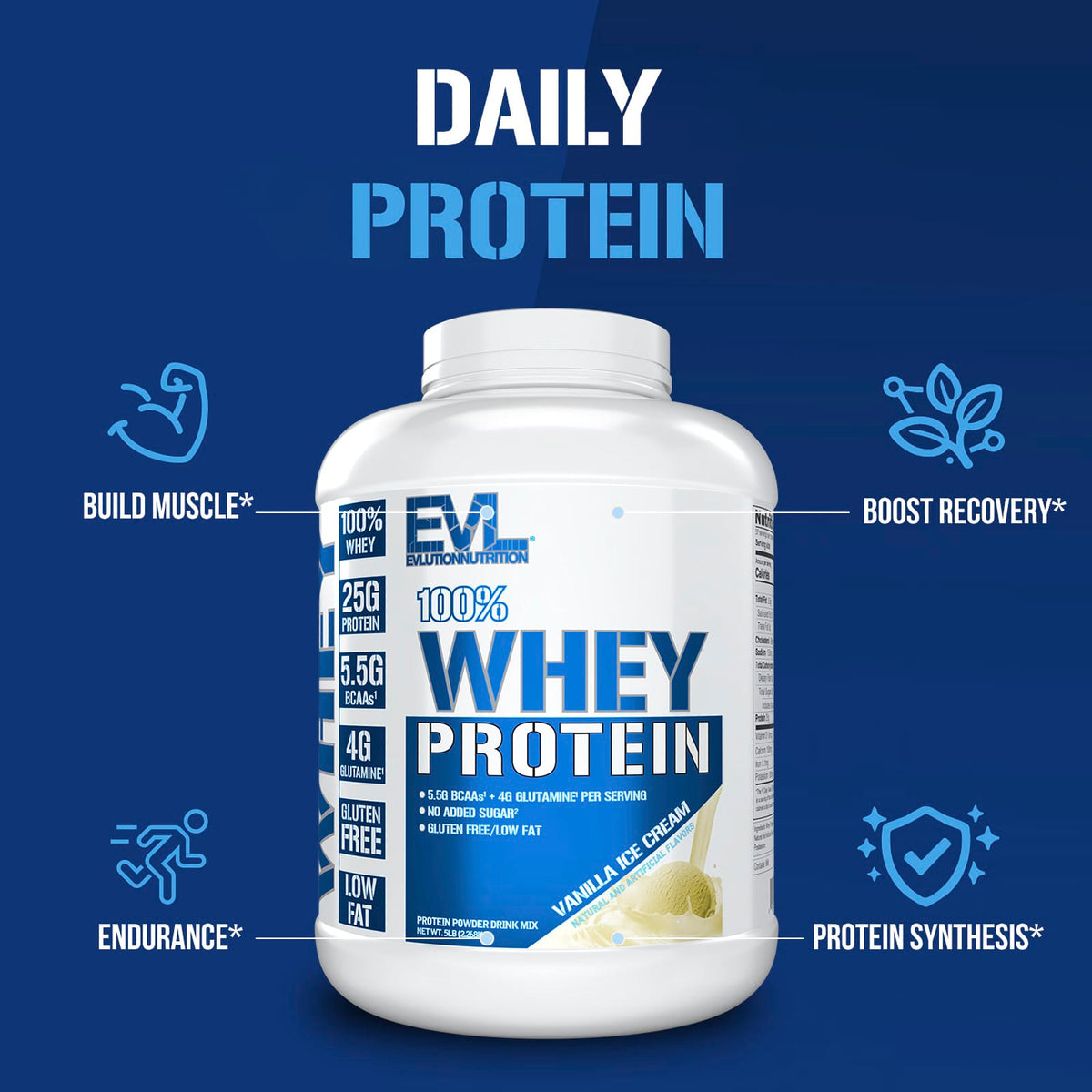 EVLution Nutrition 100% Whey Protein Powder, Vanilla Ice Cream, 2.27 kg (5 lb) - view 5