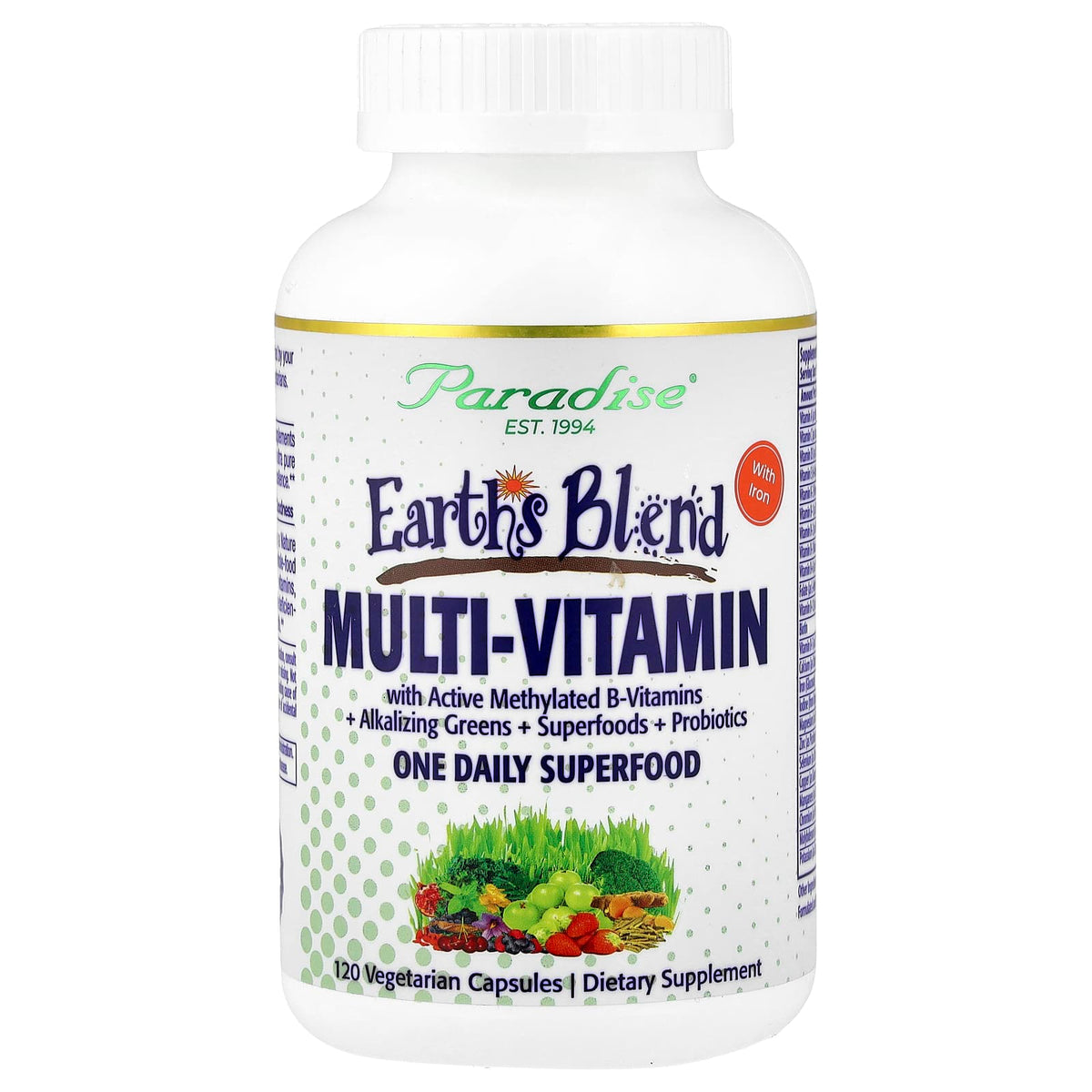 Paradise Herbs Earth's Blend One Daily Superfood Multi with Iron, 120 Capsules