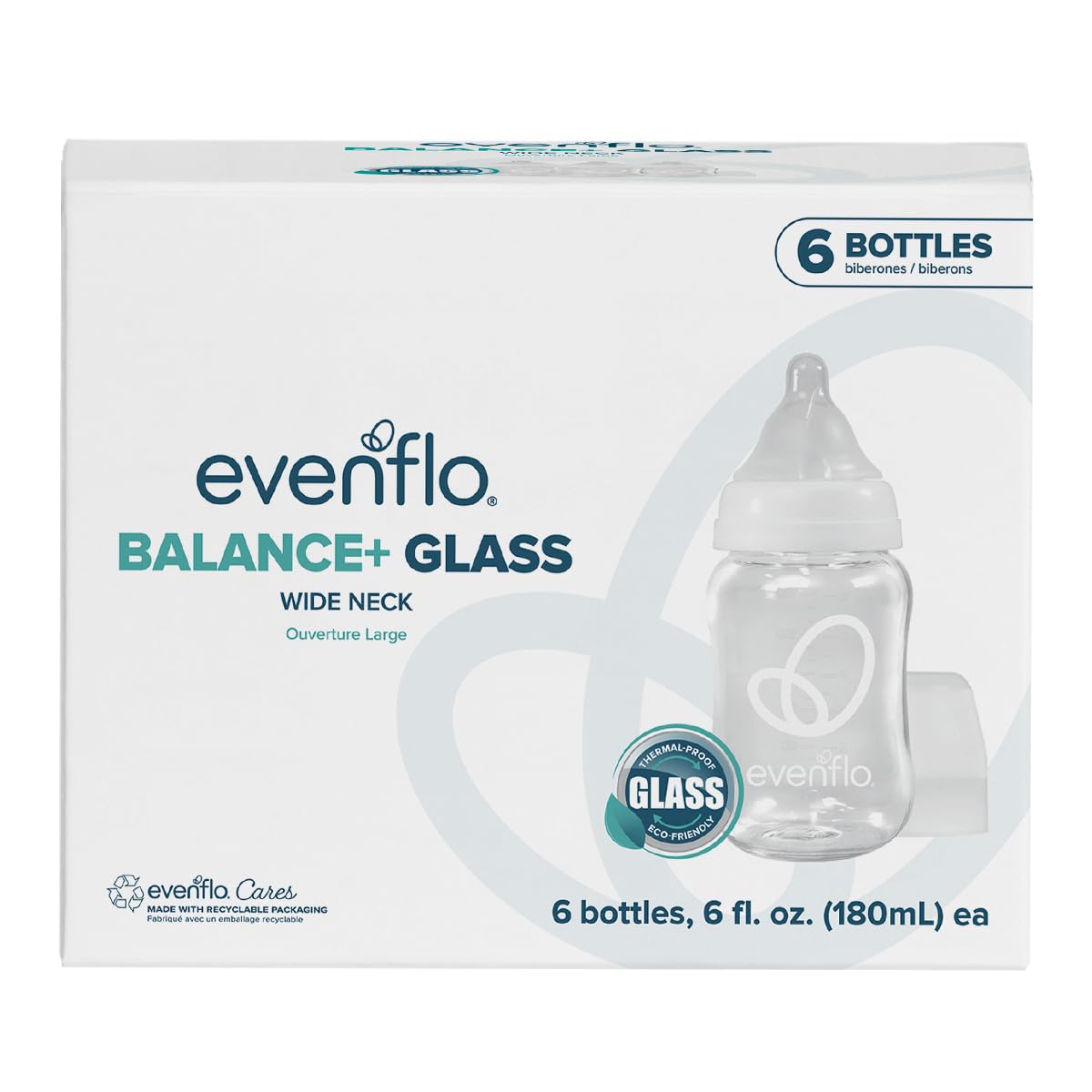Evenflo Balance+ Glass Wide Neck Baby Bottles, 6 fl oz (180 ml), 6 Pack — product view