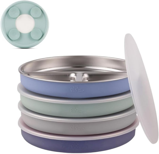 Elk and Friends 7.8 Inch Stainless Steel Divided Plates with Lids, 4 Pack