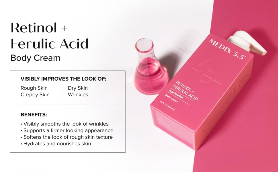 Medix 5.5 Retinol + Ferulic Acid Body Cream - Box next to flask and benefits list