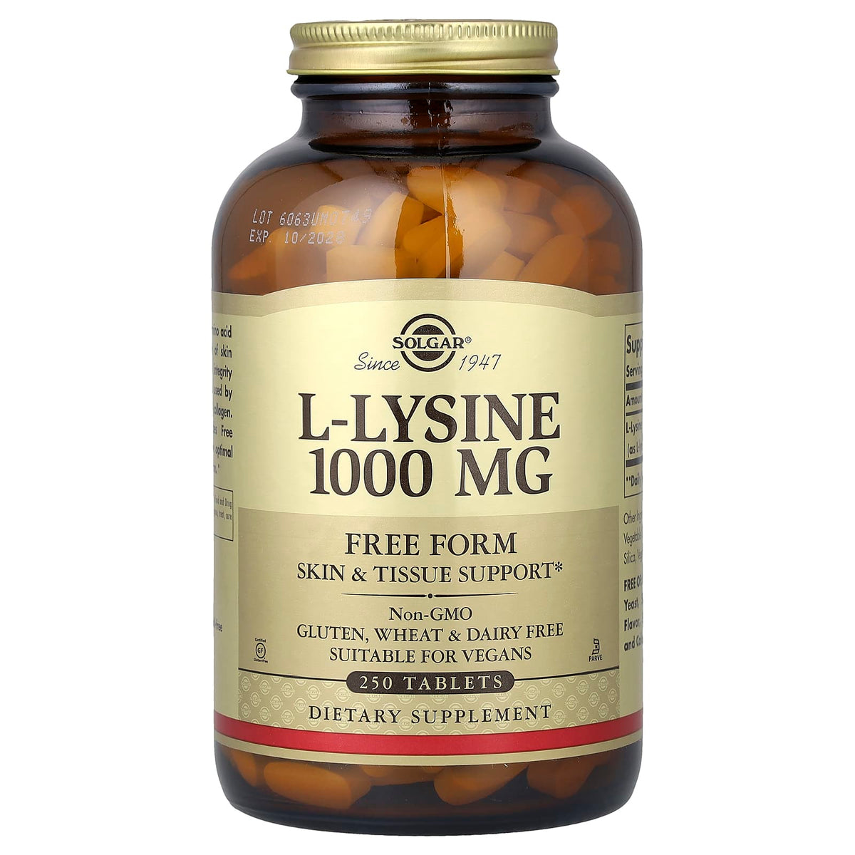 Solgar L-Lysine, Free Form, 1,000 mg, 250 Tablets — product view