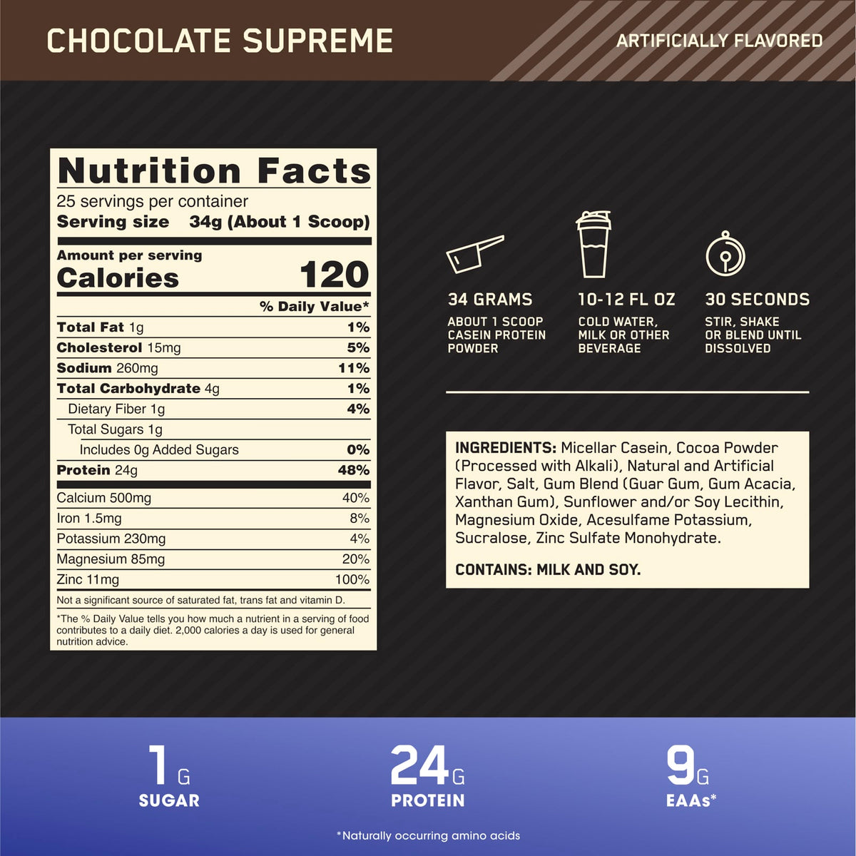 Optimum Nutrition Gold Standard 100% Casein, Chocolate Supreme, 850 g (1.87 lb) - view 3