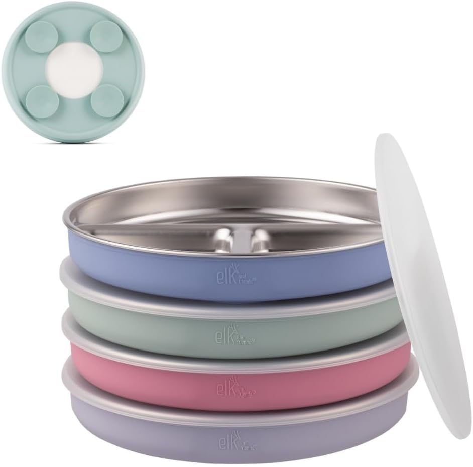 Elk and Friends Stainless Steel Divided Plates with Lids, 7.8 Inch, 4 Pack