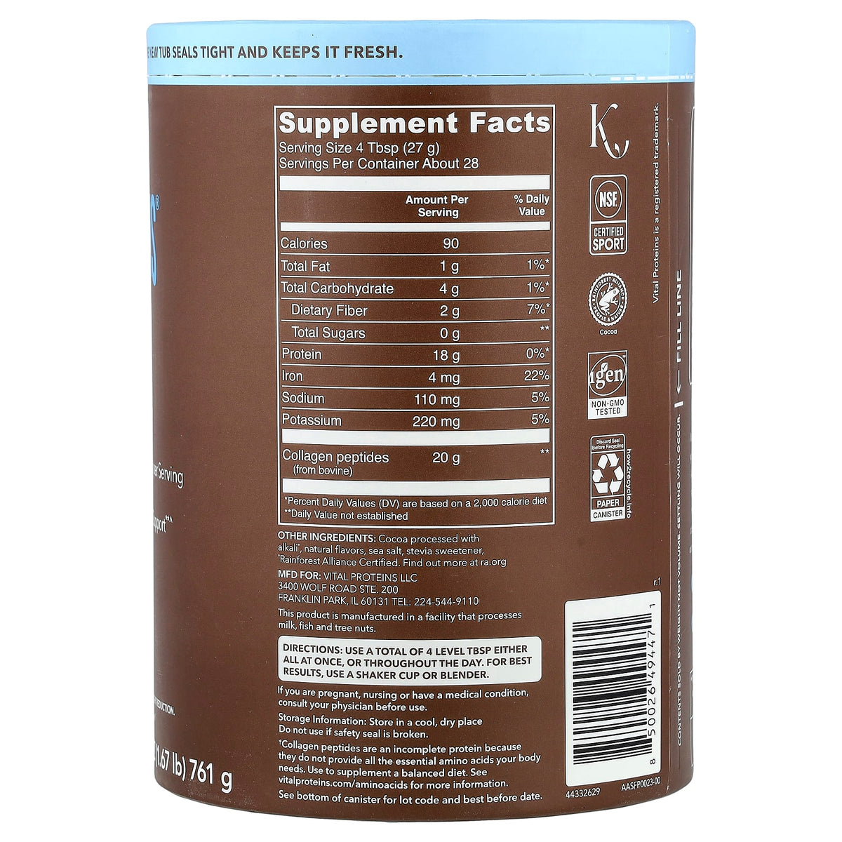 Vital Proteins Collagen Peptides Chocolate 761 g (26.8 oz) - view 2