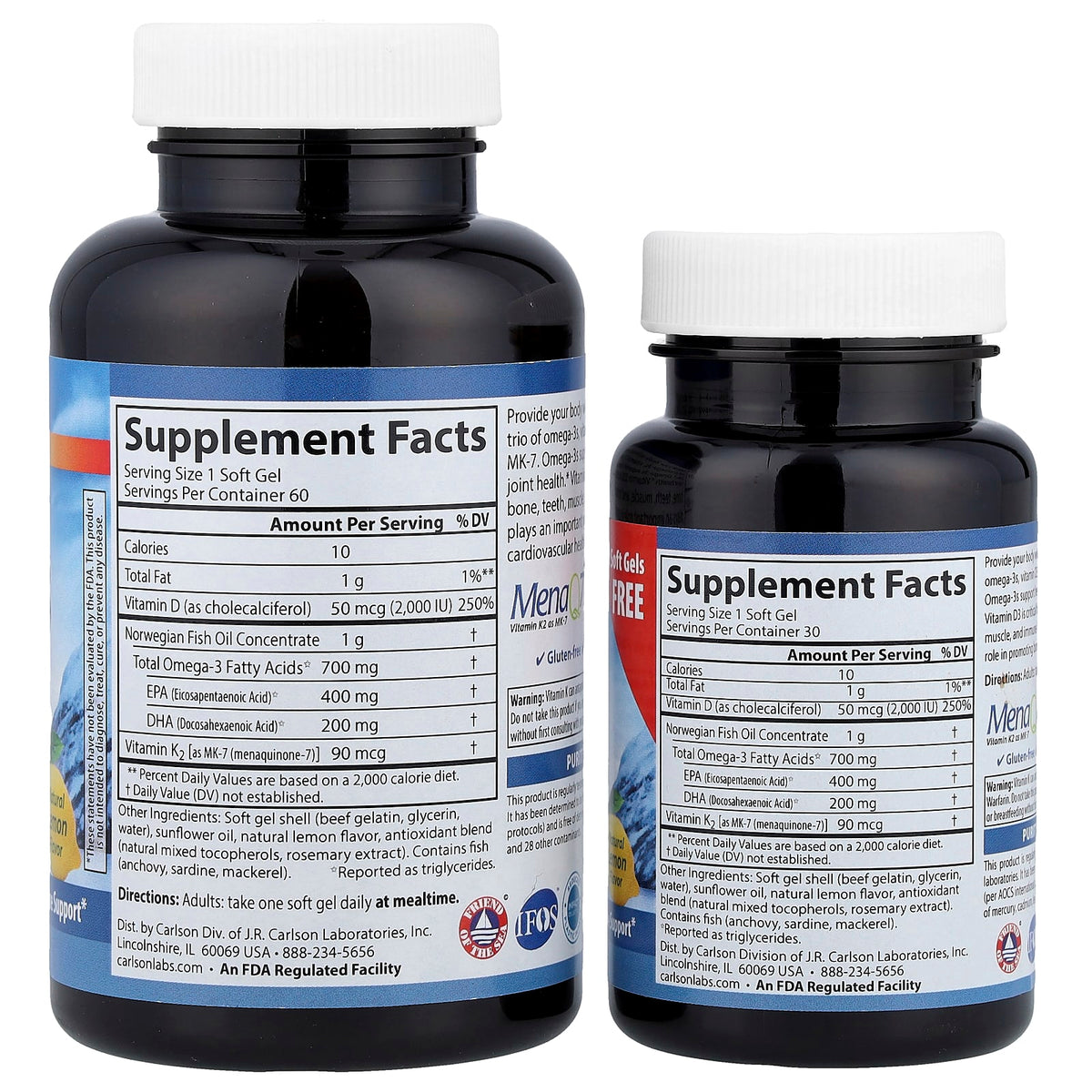 Carlson Elite Omega-3 Plus D & K, Natural Lemon, 90 Soft Gels - view 2