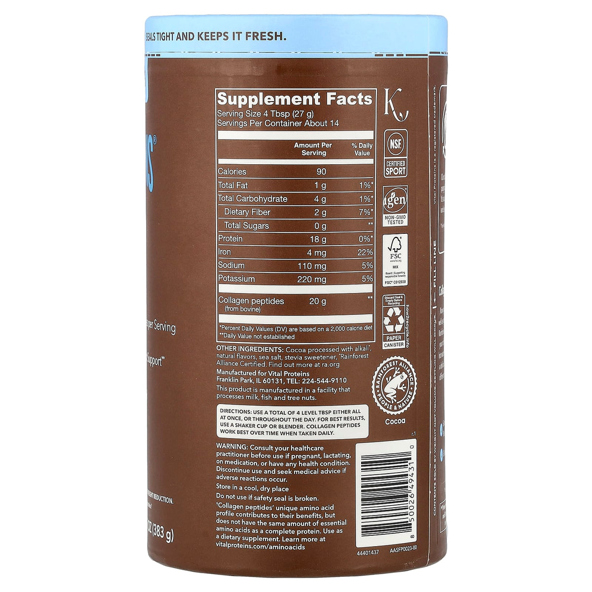 Vital Proteins Collagen Peptides Chocolate 383 g (13.5 oz) - view 2
