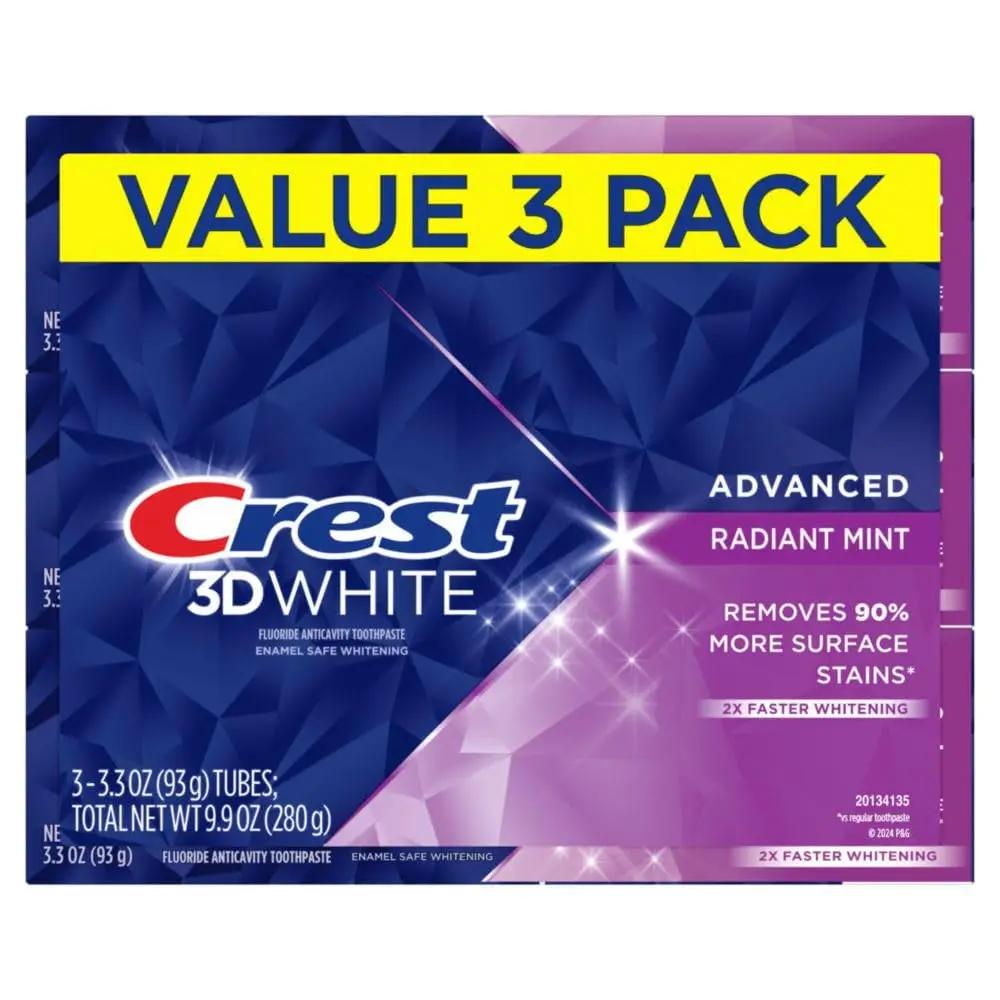 Crest 3D White Advanced Teeth Whitening Toothpaste, Radiant Mint, 3.3 Oz, Pack of 3