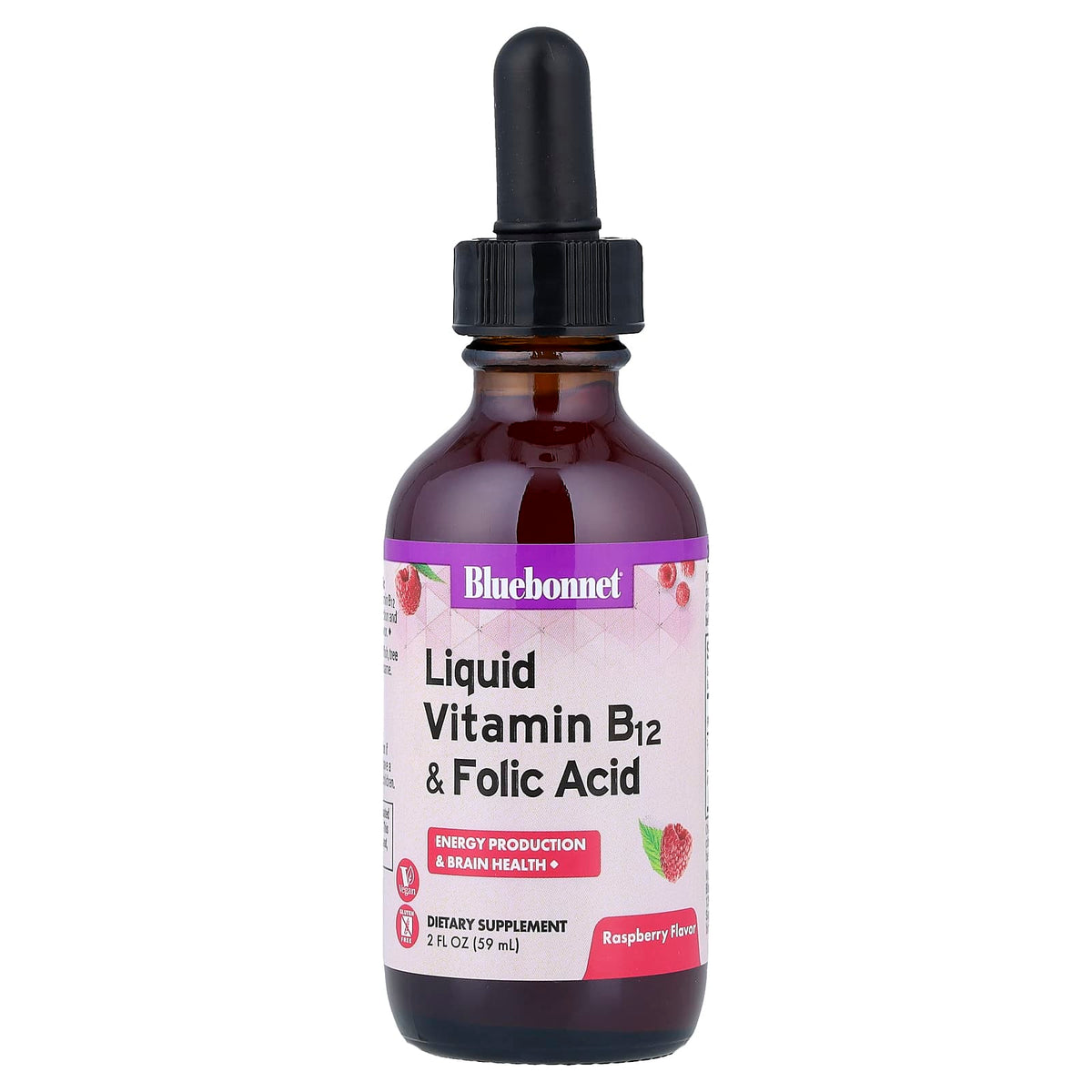 Bluebonnet Nutrition Liquid Vitamin B-12 & Folic Acid, Raspberry, 59 ml (2 fl oz) — product view
