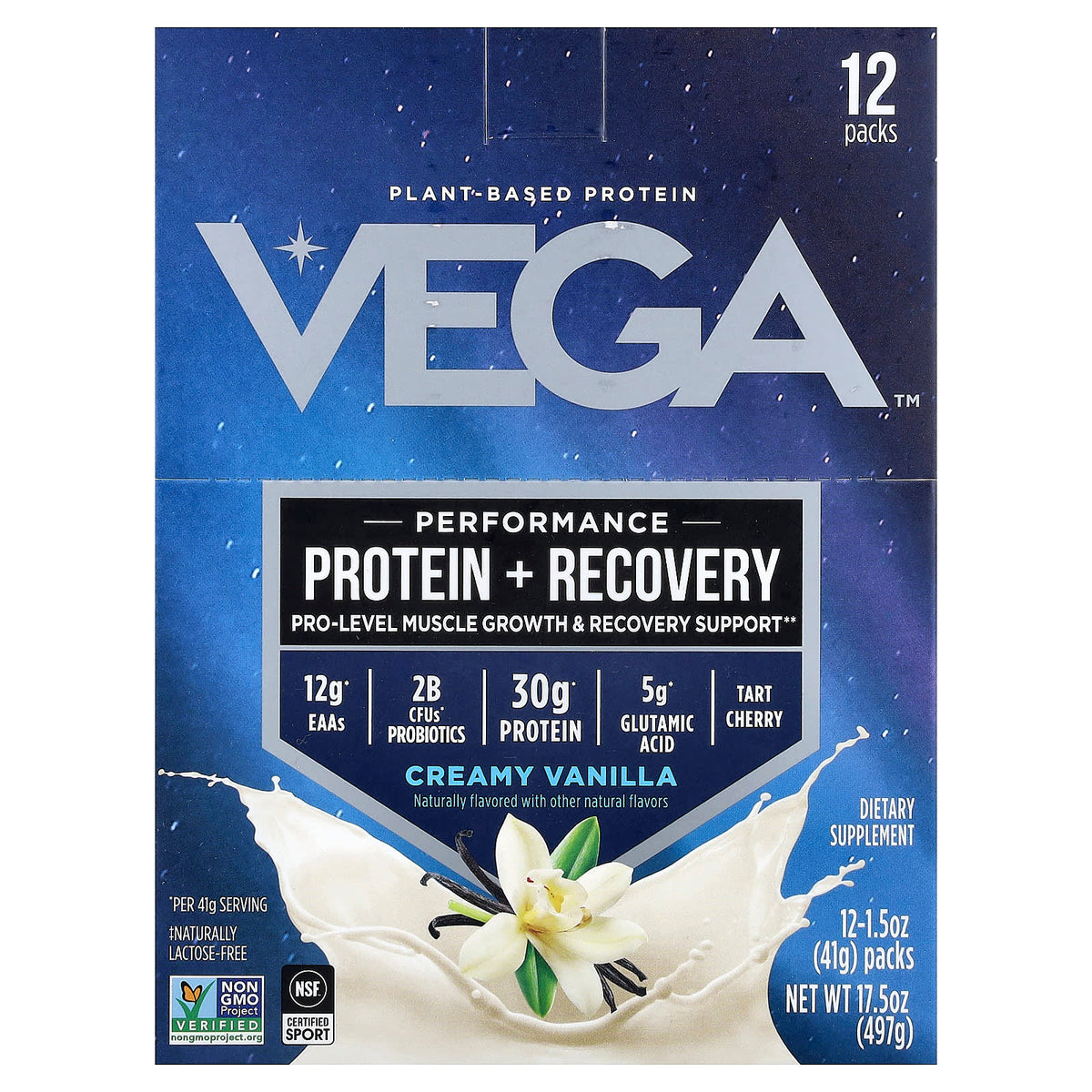 Vega Plant-Based Protein Performance Protein + Recovery Creamy Vanilla 12 Packs — product view