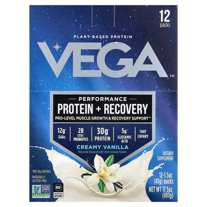 Vega Plant-Based Protein Performance Protein + Recovery Creamy Vanilla 12 Packs