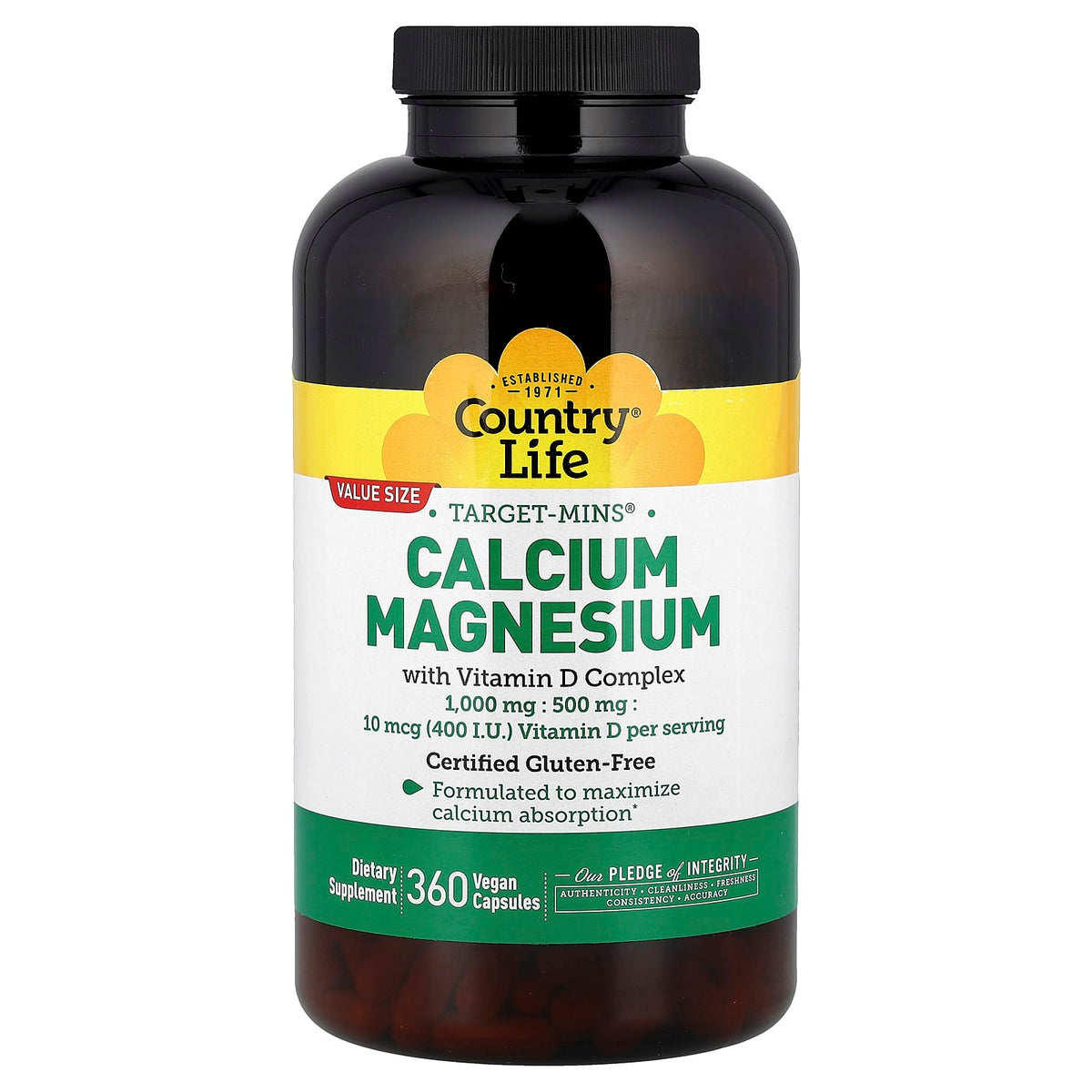 Country Life Target-Mins Calcium Magnesium Vitamin D Complex, 360 Vegan Capsules