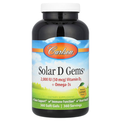 Carlson Solar D Gems Vitamin D3 + Omega-3s, Natural Lemon, 360 Soft Gels