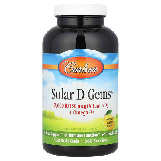 Carlson Solar D Gems Vitamin D3 + Omega-3s, Natural Lemon, 360 Soft Gels