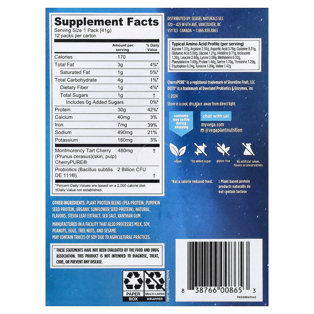 Vega Plant-Based Protein Performance Protein + Recovery Creamy Vanilla 12 Packs - view 2