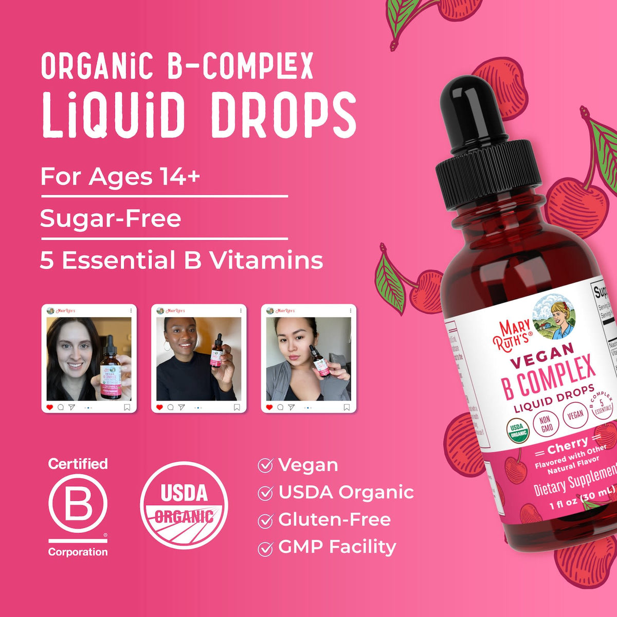 MaryRuth's Vegan B Complex Liquid Drops, Cherry, 30 ml (1 fl oz) - view 5