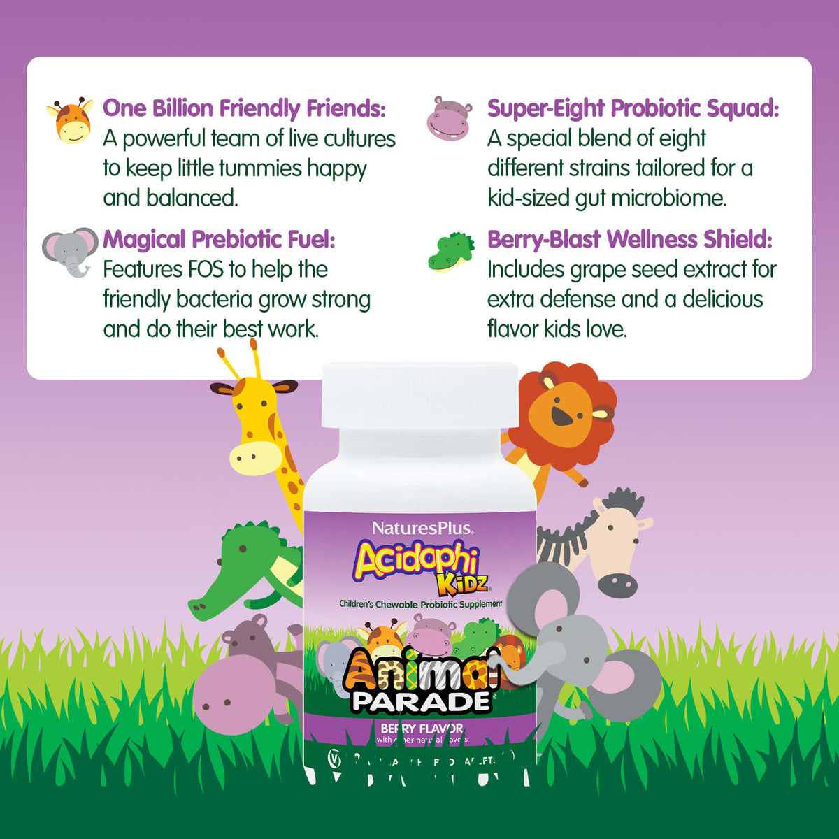 NaturesPlus Animal Parade AcidophiKidz Chewable Probiotic, Berry, 90 Tablets - view 4