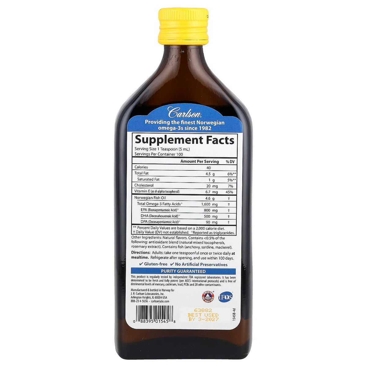 Carlson Norwegian The Very Finest Fish Oil, Natural Lemon, 500 ml (16.9 fl oz) — alternate product view